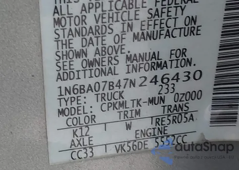 2007 Nissan Titan Se z USA, uszkodzony, nr VIN 1N6BA07B47N246430